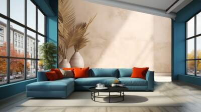 Empty room interior background, beige stucco wall, vases and palm leaf, 3d rendering Wall mural