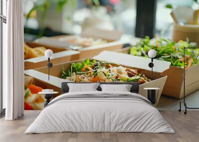 Enjoy organic takeout food served in convenient paper containers at home. Eco-friendly packaging concept Wall mural