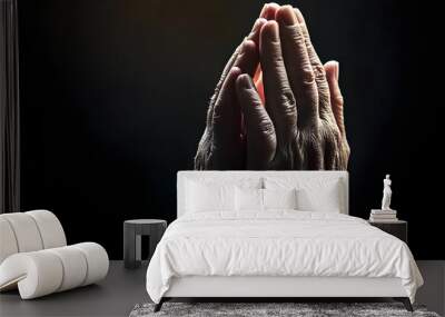 Faith, christian and praying hands in dark background with trust, hope and gratitude with prayer. Mockup space, spirituality and religion to seek guidance, wisdom or blessings for personal growth Wall mural