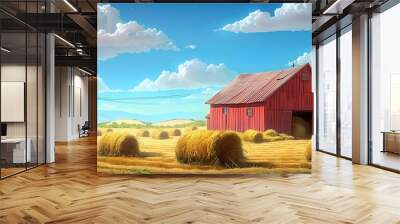 Farm-themed cartoon barn design featuring straw bales and hay piles. Concept Cartoon Barn Design, Farm Theme, Straw Bales, Hay Piles, Colorful Illustration, Wall mural