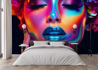 Fashion model woman face with fantasy art make-up. Bold makeup, glance Fashion art portrait, incorporating neon colors. Advertising design for cosmetics, beauty salon. content. Wall mural