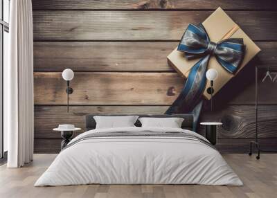 Father's day concept - present, tie on rustic wood background Wall mural