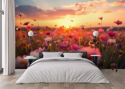 Field full of autumn flowers at sunrise Wall mural