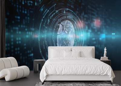 Fingerprint scanning, biometric authentication, cybersecurity and fingerprint password, future technology and cybernetic.  E-kyc (electronic know your customer), technology against digital cyber crime Wall mural