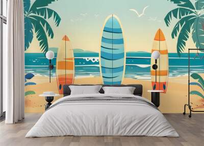 Flat vector illustration of surfing board on tropical sandy beach Wall mural