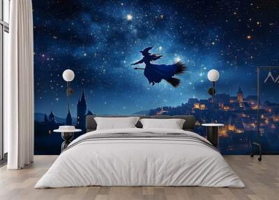 Flying on her broomstick under a starry night sky, a witch soars over a medieval town, creating a mysterious and magical atmosphere perfect for halloween celebrations Wall mural