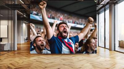 French fan, emotions overwhelm. Supporters cheer in bleacher in French rugby match 2023. Wall mural