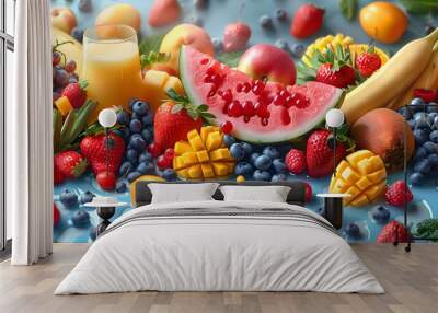 Fruits and mixed berries. Tropical fruits and mixed berries with juice. Watermelon, banana, pineapple, strawberry, orange, mango, blueberry, cherry, raspberry, papaya. Wall mural