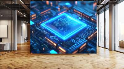 futuristic ai chip merging with stock market data glowing blue wireframe design Wall mural