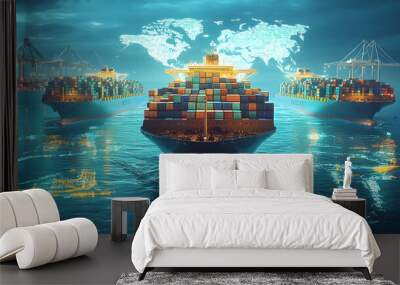 Futuristic cargo container ships utilize technology for global logistics, employing world maps and supply chain networks Wall mural