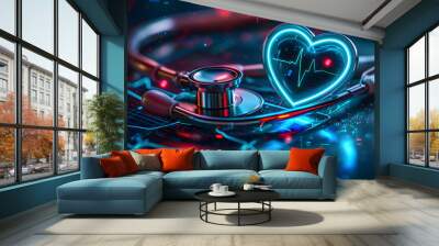 Futuristic stethoscope with neon heart in a high tech medical environment, representing the fusion of care and technology Wall mural