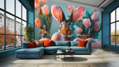 Generative AI picture bright graphics montage Easter holiday theme painted eggs bunny ears fresh tulips dinner decorations Wall mural