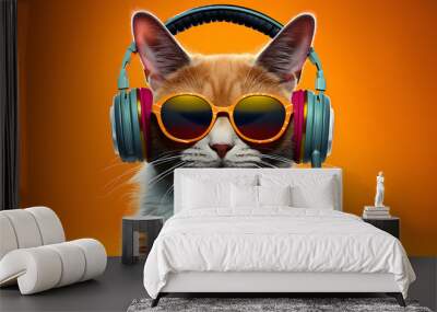 ginger dj cat with sunglasses and headphones playing music, disc jockey rock and roll, Wall mural