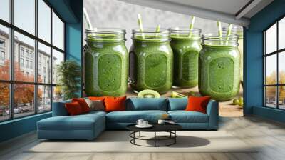 Glass jar mugs with green health smoothie, kale leaves, lime, apple, kiwi, grapes, banana, avocado, lettuce. Raw, vegan, vegetarian, alkaline food concept Wall mural