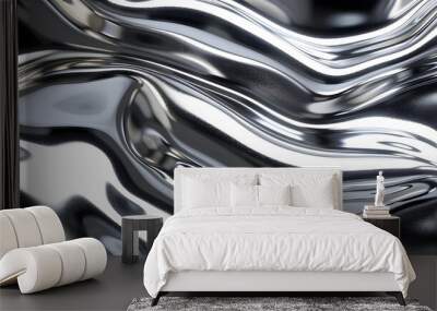 glossy silver metal fluid glossy chrome mirror water effect background backdrop texture 3d render Wall mural