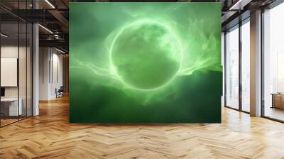 Green planet in a nebula, a cosmic scene with radiant green stars Wall mural