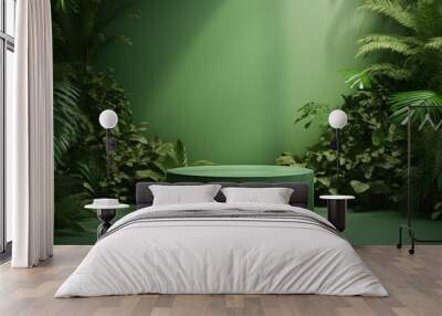 Green podium in tropical forest for product presentation and green wall. Wall mural