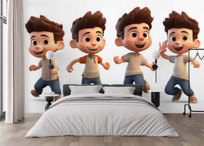 Group of 3D cartoon character cute student kids boy dancing, isolated on white and transparent background Wall mural