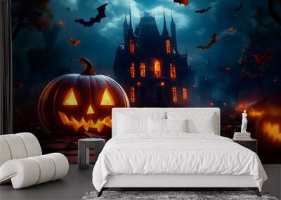 Halloween Night creepy background 3d cartoon style with pumpkin and mansion for banner Wall mural