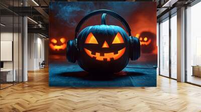 Halloween party. Jack O' Lantern pumpkin wearing headphones on background of scary Halloween night. Wall mural