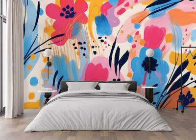 Hand drawn bright artistic abstract floral print. Modern cute collage pattern. Fashionable template for design Wall mural