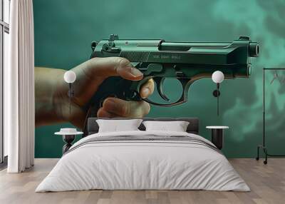 Hand holding a gun isolated on green background Wall mural