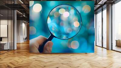 Hand holding magnifying glass on a blurred blue background Wall mural