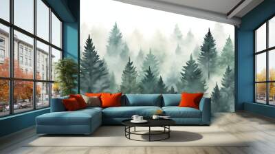 Hand painted watercolor illustration, seamless pattern of misty forest Wall mural