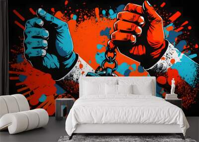 hands breaking handcuffs, exploding background orange blue gray red, pop art Wall mural