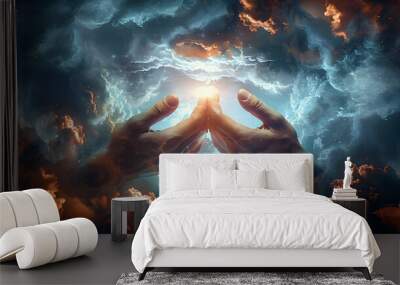 Hands of god or Jesus Christ in the clouds. Human hands open palm up worship. Eucharist Therapy Bless God Helping Repent Catholic Easter Lent Mind Pray. Christian Religion concept background. Wall mural