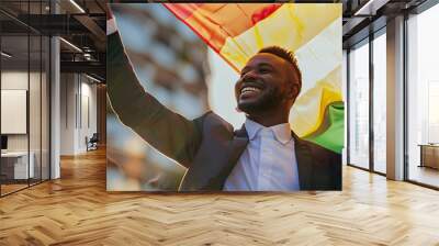 Happy african american black businessman waving a rainbow flag during pride month. Inclusive  AI Wall mural