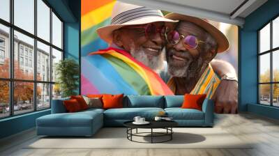 Happy african american senior gay male couple embracing at pride month wearing glasses hats  AI Wall mural