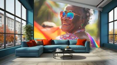 Happy black senior gay lesbian woman celebrating pride festival parade with a rainbow flag on a sunny summer day. Candid gay pride celebrations with inclusive and diverse homosexual mature people. AI Wall mural