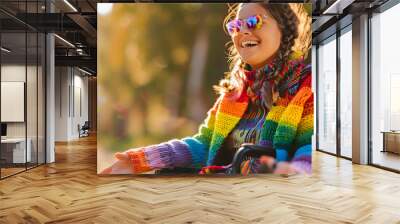 Happy disabled young girl in wheelchair wearing rainbow pride fashionable jumper cardigan outfit outdoors in nature. Candid young teenager with disability at LGBTQ  gay pride parade. Copy space AI Wall mural