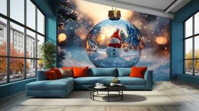 Happy snowman in the christmas bauble over the winter. Generative Ai Wall mural