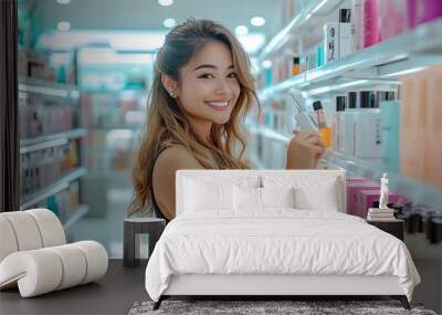 Happy woman choosing cosmetics in a beauty shop, surrounded by various products on shelves. She looks satisfied, purchasing items for skin and hair care in the bright, inviting store Wall mural