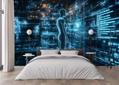 Hologram projection on a digital screen with different data and parameters. Wall mural