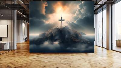 holy cross symbolizing the death and resurrection of Jesus Christ with The sky over Golgotha Hill is shrouded in light and clouds Wall mural