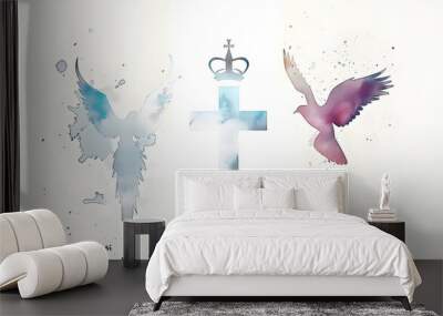 Holy Trinity symbols. Cross, crown and dove of Holy Spirit. Watercolor christian symbols against white background. Vector illustration. Wall mural