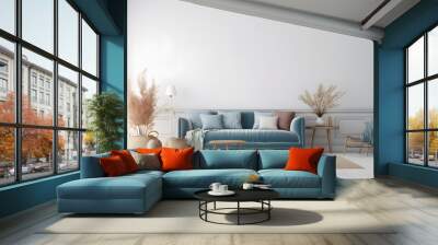 Home interior mock-up with blue sofa, wooden table and decor in white living room, panorama Wall mural