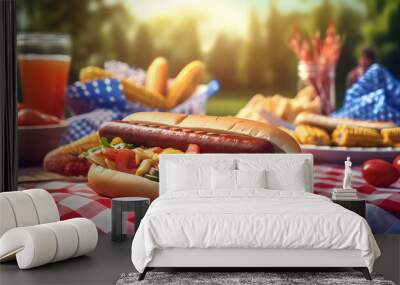 Hot dogs, corn and burgers on 4th of July picnic in patriotic theme Wall mural