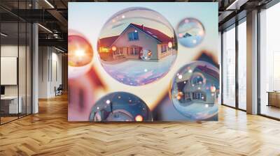 Houses inside floating bubbles. Real estate bubble concept. 3D illustration Wall mural