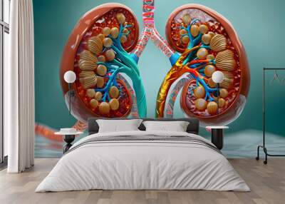 Human kidneys anatomy, structure, physiology, cross-section, Medical Profession, Morphology. 3d illustration Wall mural