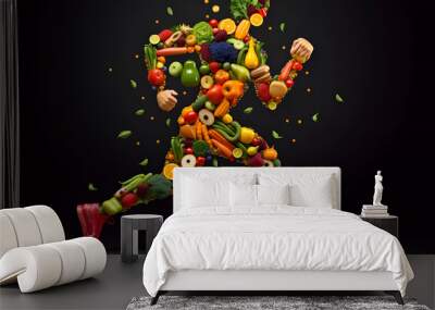 I take care of myself, we are what we eat. illustration of a running man made up of pieces of fruits and vegetables, healthy food for a complete healthy life. nutrition. lifestyle. black background Wall mural