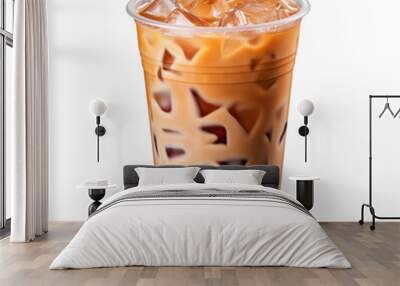 Iced coffee isolated on transparent background, delicious cold iced latte coffee drink in disposable plastic cup with ice cubes, cold beverage, for cafe, coffee shop, menu, design. Wall mural