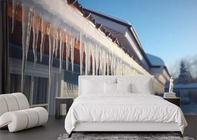 icicles on house roof in cold winter Wall mural