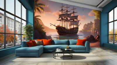 Illustration Landscape with pirate ship. Wall mural