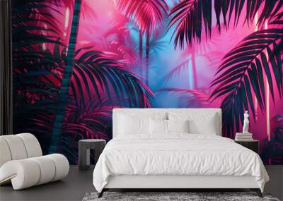 Illustration of a tropical background in neon light in retro style Wall mural