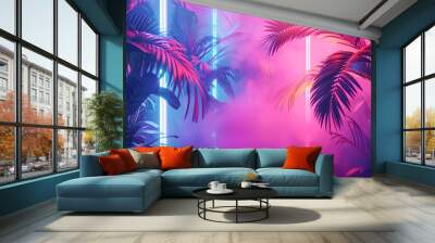 Illustration of a tropical background in neon light in retro style Wall mural