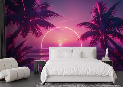 Illustration of a tropical background with sunset or dawn in neon light in retro style. Palm trees and the sun Wall mural